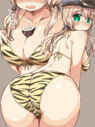 Rule 34 | 10s, 1girl, alternate costume, anchor hair ornament, animal print, ass, bare arms, bare back, bent over, between breasts, bikini, blonde hair, blush, breasts, brown background, cleavage, collarbone, ehoumaki, food, food between breasts, from behind, green eyes, grey hat, hair ornament, halterneck, hand on own chest, hat, head out of frame, huge ass, kantai collection, long hair, looking at viewer, looking back, low twintails, makizushi, medium breasts, motion lines, multiple views, naitou kouse, nose blush, prinz eugen (kancolle), ribbon, setsubun, shiny skin, shoulder blades, sideboob, simple background, standing, sushi, swimsuit, tareme, thigh gap, thighs, tiger print, translation request, twintails, upper body, wavy mouth, yellow ribbon