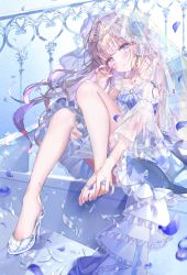 Rule 34 | 1girl, absurdres, barefoot, blue dress, blurry, blurry foreground, blush, bridal veil, broken glass, character request, commentary request, copyright request, dress, feet, flower, full body, glass, glass slipper, gradient hair, hair flower, hair ornament, head tilt, high heels, highres, legs, long hair, looking at viewer, multicolored hair, nail polish, petals, pink hair, purple eyes, purple hair, sakura shiori, see-through, see-through sleeves, shoes, single shoe, sitting, solo, stairs, tiara, toe cleavage, toenail polish, toenails, toes, veil, wide sleeves