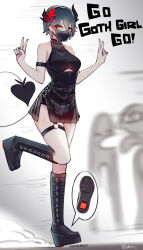 1girl arm_strap bare_shoulders black_collar black_hair black_mask black_skirt black_tank_top boots collar demon_horns demon_tail double_v ehrrr english_text goth_fashion heelys highres horns knee_boots mask mouth_mask orange_eyes original short_hair skirt sleeveless tail tank_top thigh_strap toes_up v