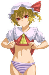 Rule 34 | 1girl, ascot, bad id, bad pixiv id, blonde hair, clothes lift, female focus, flandre scarlet, hat, hat ribbon, kurione (zassou), navel, no pants, open mouth, panties, red eyes, ribbon, shirt lift, short hair, side ponytail, simple background, solo, striped clothes, striped panties, touhou, underwear, white background