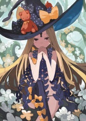 Rule 34 | 1girl, abigail williams (fate), abigail williams (second ascension) (fate), alchemaniac, ass, asymmetrical legwear, blonde hair, bow, fate/grand order, fate (series), flower, hat, hat bow, highres, keyhole, long hair, looking at viewer, orange eyes, own hands together, polka dot, polka dot bow, revealing clothes, single thighhigh, sitting, smile, solo, stuffed animal, stuffed toy, teddy bear, tentacles, thighhighs, uneven legwear, very long hair, witch hat