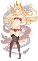 Rule 34 | 10s, 1girl, bikini, blonde hair, cagliostro (granblue fantasy), collarbone, flat chest, frilled swimsuit, frills, granblue fantasy, hairband, heart, highres, itamochi, long hair, looking at viewer, lowleg, lowleg bikini, navel, open mouth, ouroboros (granblue fantasy), purple eyes, simple background, skindentation, solo, swimsuit, thigh gap, thighhighs, white background