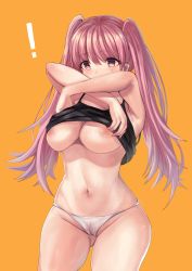 Rule 34 | !, 1girl, areola slip, breasts, cameltoe, cleft of venus, female focus, fire emblem, fire emblem: three houses, highres, hilda valentine goneril, large breasts, long hair, matching hair/eyes, navel, nintendo, nipples, panties, pink eyes, pink hair, ponytail, simple background, skindentation, solo, twintails, underwear, undressing, white panties, yellow background, yui (msy1302mana)