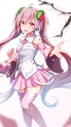 Rule 34 | absurdres, ahoge, baileys (tranquillity650), cherry hair ornament, detached sleeves, food-themed hair ornament, hair ornament, hatsune miku, headset, highres, looking at viewer, open mouth, pink hair, pink skirt, pink thighhighs, red eyes, sakura miku, skirt, smile, solo, standing, thighhighs, twintails, vocaloid