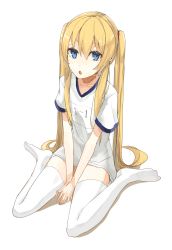Rule 34 | 1girl, :o, bad id, bad twitter id, blonde hair, blue eyes, flat chest, highres, looking at viewer, miruto netsuki, open mouth, original, shirt, simple background, sitting, solo, t-shirt, thighhighs, twintails, uniform, wariza, white background, white thighhighs