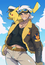 Rule 34 | 1boy, belt, belt buckle, black shirt, brown belt, brown jacket, buckle, bulge, captain pikachu, clothed pokemon, cloud, commentary request, cowboy shot, creatures (company), day, friede (pokemon), fur-trimmed jacket, fur trim, game freak, gen 1 pokemon, goggles, goggles on head, grin, hand on own hip, highres, hitoninjin, jacket, long sleeves, looking down, male focus, nintendo, on shoulder, open clothes, open jacket, outdoors, pants, pikachu, pokemon, pokemon (anime), pokemon (creature), pokemon horizons, pokemon on shoulder, shirt, sky, smile, teeth, white hair, yellow eyes