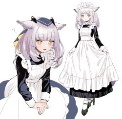 Rule 34 | 1girl, :d, ?, alternate costume, apron, apron hold, arknights, black dress, black footwear, blush, bright pupils, closed mouth, commentary request, dress, enmaided, full body, high heels, highres, long hair, long sleeves, looking at viewer, maid, maid headdress, multiple views, open mouth, owl ears, own hands together, ptilopsis (arknights), silver hair, simple background, smile, standing, veil, white apron, white background, white legwear, yellow eyes, yuhiko (unayuhi)