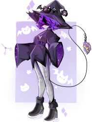 Rule 34 | 1girl, boots, choker, glitch productions, halloween, hat, high heel boots, high heels, highres, monster tail, murder drones, no humans, purple eyes, purple hair, robot, sharp teeth, tail, teeth, uzi (murder drones), very long sleeves, witch hat