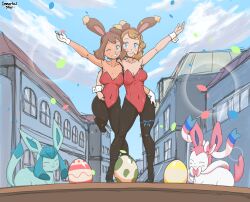 Rule 34 | 2girls, absurdres, animal ears, armpits, artist name, bare shoulders, black footwear, black pantyhose, blue sky, blush, breasts, brown hair, city, cleavage, collarbone, confetti, creatures (company), day, egg, fake animal ears, game freak, gen 4 pokemon, gen 6 pokemon, glaceon, gloves, high heels, highres, immortalstar, leotard, may (pokemon), medium breasts, multiple girls, nintendo, one eye closed, outdoors, pantyhose, pokemon, pokemon (anime), pokemon (creature), pokemon egg, pokemon journeys, pokemon rse (anime), rabbit ears, red leotard, serena (pokemon), short hair, sketch, sky, smile, standing, standing on one leg, sylveon, uncensored, white gloves, wrist cuffs