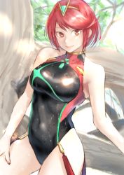 Rule 34 | 1girl, blush, breasts, competition swimsuit, earrings, gold trim, highres, jewelry, kilye kairi, large breasts, looking at viewer, nintendo, one-piece swimsuit, pyra (pro swimmer) (xenoblade), pyra (xenoblade), red eyes, red hair, short hair, smile, solo, swimsuit, tiara, xenoblade chronicles (series), xenoblade chronicles 2