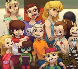 Rule 34 | 1boy, 6+girls, arms behind back, artist request, baby, backwards hat, bare arms, bare shoulders, black hair, blonde hair, braces, brother and sister, brown hair, child, collared shirt, colorized, conoghi, diaper, dress, earrings, elbow gloves, everyone, eyeshadow, facing viewer, freckles, glasses, gloves, green shirt, green sweater, grin, hat, high ponytail, jewelry, lana loud, leni loud, lily loud, lincoln loud, lisa loud, lola loud, looking at viewer, lori loud, luan loud, lucy loud, luna loud, lynn loud, makeup, miniskirt, missing tooth, monochrome, multiple girls, nickelodeon, ohnarev, orange shirt, paperclip earrings, polo shirt, purple eyeshadow, round eyewear, shirt, shorts, siblings, sisters, sitting, sketch, skirt, skull print, sleeveless, sleeveless dress, sleeveless shirt, smile, striped legwear, sunglasses on head, sweater, the loud house, tiara, tomboy, tongue, tongue out, two-tone legwear, yellow skirt