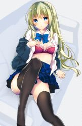 Rule 34 | 1girl, black thighhighs, blue bow, blue bowtie, blue eyes, blue jacket, blue skirt, blush, bow, bow bra, bowtie, bra, braid, breasts, collared shirt, commentary request, dotted background, green hair, hand on own chest, highres, jacket, long hair, long sleeves, looking at viewer, no shoes, off shoulder, open clothes, open jacket, open shirt, original, panties, pantyshot, parted lips, pink bow, pink bra, pink panties, pleated skirt, school uniform, shirt, sitting, skirt, small breasts, solo, thighhighs, underwear, very long hair, white shirt, yu yu