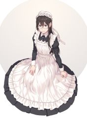 Rule 34 | 1girl, alternate costume, apron, black dress, black hair, collared shirt, commentary request, commission, dress, enmaided, frilled apron, frills, glasses, green eyes, hat, highres, kantai collection, long hair, long sleeves, maid, mob cap, ooyodo (kancolle), semi-rimless eyewear, shirt, solo, under-rim eyewear, victorian maid, white apron, yuuji (and)