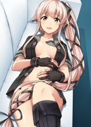 Rule 34 | 1girl, :d, black gloves, breasts, buttons, collarbone, fingernails, gloves, grey sailor collar, highres, kamelie, kantai collection, long hair, medium breasts, open clothes, open mouth, partially fingerless gloves, pink hair, ponytail, sailor collar, smile, solo, very long hair, yellow eyes, yura (kancolle), yura kai ni (kancolle)