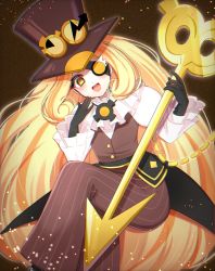 Rule 34 | 1girl, @ @, blonde hair, blush, cookie run, crossed legs, eyepatch, frills, goggles, goggles on headwear, half-closed eyes, hat, highres, hip armor, holding, holding key, invisible chair, jewelry, juliet sleeves, key, light particles, long hair, long sleeves, looking at viewer, necklace, nikaidou (pixiv2510), ojou-sama pose, oversized object, pants, pinstripe pattern, puffy sleeves, sitting, solo, steampunk, striped, timekeeper cookie, top hat, very long hair, vest, waist cape, yellow eyes
