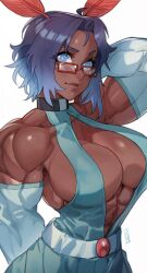 Rule 34 | 10s, 1girl, abs, animal ears, bare shoulders, belt, biceps, blue eyes, blue hair, blush, breasts, choker, cleavage, dark-skinned female, dark skin, deltoids, dress, elbow gloves, ericmartindood, eyelashes, female focus, glasses, gloves, highres, large breasts, linea alba, looking at viewer, makeup, mascara, multicolored hair, muscular, muscular arms, muscular female, no background, no pupils, original, purple hair, rabbit ears, rabbit girl, red glass, simple background, smile, solo, square glasses, teal dress, thick arms, triceps, two-tone hair, upper body