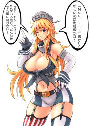 Rule 34 | 10s, 1girl, asymmetrical legwear, blonde hair, blue eyes, breasts, cleavage, elbow gloves, fingerless gloves, front-tie top, garter straps, gloves, hair between eyes, headgear, iowa (kancolle), kantai collection, large breasts, miniskirt, mismatched legwear, ningyoushi, skirt, solo, standing, star-shaped pupils, star (symbol), striped clothes, striped thighhighs, symbol-shaped pupils, thighhighs, translation request, vertical-striped clothes, vertical-striped thighhighs
