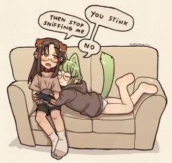 Rule 34 | 2girls, amen break (syrupmelty), animal collar, animal ears, barefoot, bone hair ornament, brown eyes, brown hair, brown hoodie, brown shirt, cat ears, cat girl, cat tail, chibi, closed eyes, collar, controller, couch, dog ears, dog girl, ear piercing, english text, game controller, glasses, green hair, green tail, hair ornament, halftone, halftone background, highres, holding, holding controller, holding game controller, hood, hoodie, hug, multiple girls, on couch, open mouth, original, piercing, rabbit hair ornament, shirt, signature, smell, smelling, smelling clothes, socks, speech bubble, syrupmelty, tail, yuri