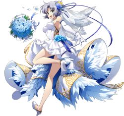Rule 34 | 1girl, :d, blue eyes, blue flower, blue ribbon, blue rose, bouquet, dress, elbow gloves, flower, full body, gloves, hair intakes, hair ribbon, high heels, highres, langrisser, langrisser ii, layered dress, leg up, looking at viewer, official art, open mouth, outstretched arm, outstretched hand, pumps, purple ribbon, ribbon, rose, sherry (langrisser), short dress, short hair, silver hair, sleeveless, sleeveless dress, smile, solo, transparent background, twisted torso, veil, wedding dress, white dress, white footwear, white gloves, yellow ribbon