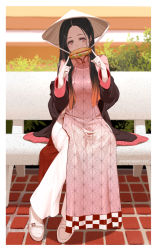 Rule 34 | 1girl, adapted costume, bench, black hair, blush, border, brick floor, brown hat, chin strap, day, dishwasher1910, eating, food, forehead, full body, gradient hair, hat, holding, holding food, kamado nezuko, kimetsu no yaiba, long hair, long sleeves, looking at viewer, multicolored hair, off shoulder, open clothes, outdoors, pants, park bench, red eyes, red hair, sandwich, shoes, sitting, solo, tabard, vietnamese dress, white border, white footwear, white pants