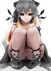 Rule 34 | 1girl, absurdres, arknights, bare shoulders, black footwear, black gloves, boots, full body, gloves, grey hair, hair between eyes, hair ornament, hair tubes, headgear, highres, long hair, looking at viewer, orange shirt, parted lips, partially visible vulva, red eyes, shiraga moyashi, shirt, simple background, single glove, solo, squatting, tail, thigh strap, thighs, thong, very long hair, weedy (arknights), white background, x hair ornament
