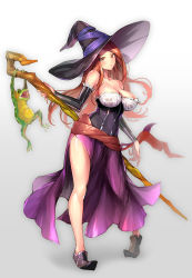 Rule 34 | 1girl, bare shoulders, breasts, brown eyes, brown hair, cleavage, commentary request, detached sleeves, dragon&#039;s crown, dress, full body, hat, hat over one eye, highres, holding, large breasts, long hair, looking at viewer, side slit, simple background, solo, sorceress (dragon&#039;s crown), staff, standing, strapless, strapless dress, suishougensou, thick thighs, thighs, witch hat