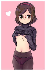 Rule 34 | 10s, 1girl, black pantyhose, blush, breasts, brown eyes, brown hair, clothes lift, crotch seam, glasses, gundam, gundam build fighters, hairband, hands on breasts, hands on own chest, heart, kousaka china, lifted by self, looking at viewer, navel, no bra, over-rim eyewear, page (824), panties, panties under pantyhose, pantyhose, pink background, red-framed eyewear, ribbed sweater, semi-rimless eyewear, short hair, simple background, small breasts, smile, solo, standing, sweater, sweater lift, turtleneck, underboob, underwear