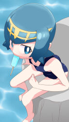 Rule 34 | 1girl, barefoot, blue eyes, blue hair, blush, clothes pull, creatures (company), food, food in mouth, game freak, highres, lana (pokemon), looking at viewer, nintendo, one-piece swimsuit, owlz, pokemon, pokemon sm, popsicle, popsicle in mouth, rock, short hair, sitting, solo, sweat, swimsuit, tiara, water
