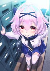 Rule 34 | 1girl, aylwin (azur lane), azur lane, bag, blue skirt, blush, breasts, commentary request, getabako, hair between eyes, highres, murata ryou, pink hair, red eyes, sailor collar, shirt, short hair, skirt, smile, solo, striped clothes, striped wrist cuffs, thighhighs, white thighhighs, wrist cuffs