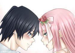 Rule 34 | 10s, 1boy, 1girl, black hair, blue eyes, blush, colored eyelashes, commentary, couple, darling in the franxx, face-to-face, facing another, flower, forehead-to-forehead, green eyes, hair flower, hair ornament, heads together, hetero, hiro (darling in the franxx), horns, long hair, looking at another, oni horns, pink hair, portrait, red horns, short hair, signature, simple background, white background, xwaterice, zero two (darling in the franxx)