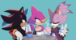 Rule 34 | 1girl, 2boys, blaze the cat, blue background, closed eyes, closed mouth, cup, espio the chameleon, furry, furry female, furry male, gloves, holding, holding cup, motobug, mug, multiple boys, open mouth, orange eyes, red eyes, shadow the hedgehog, sitting, sonic (series), tea, unamused, white gloves