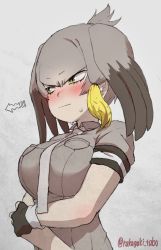 Rule 34 | 10s, 1girl, bird tail, bird wings, blonde hair, blush, breast pocket, collared shirt, commentary, embarrassed, fingerless gloves, gloves, green eyes, grey hair, hair tie, highres, kemono friends, layered sleeves, long sleeves, necktie, nose blush, pocket, shirt, shoebill (kemono friends), short over long sleeves, short sleeves, signature, solo, tail, turbo engine (rakugaki tabo), upper body, wings