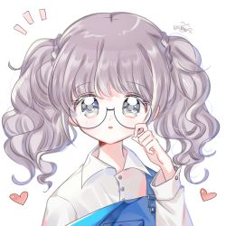 Rule 34 | 1girl, adjusting eyewear, blush, copyright request, glasses, grey eyes, grey hair, hand on eyewear, hand up, heart, long hair, long sleeves, overalls, parted lips, shirt, simple background, solo, twintails, upper body, white background, white shirt, yalmyu