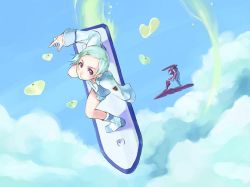 Rule 34 | 00s, 1girl, aqua hair, boots, cloud, day, dress, eureka (eureka seven), eureka seven, eureka seven (series), flying, from above, looking up, mecha, nirvash, purple eyes, robot, shadow, short dress, sky, solo, white footwear