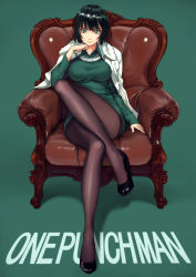 Rule 34 | 1girl, armchair, black footwear, black hair, black pantyhose, breasts, chair, copyright name, dress, easy chair, felix (felix901123), fubuki (one-punch man), full body, green background, green dress, green eyes, head rest, high heels, jacket, jacket on shoulders, jewelry, long sleeves, looking at viewer, necklace, one-punch man, pantyhose, shoes, short hair, sitting, smile, solo