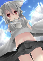 Rule 34 | 1girl, animal ears, arm behind back, bad id, bad pixiv id, breasts, brown eyes, chestnut mouth, cloud, day, female focus, grey hair, hand on own chest, highres, impossible clothes, impossible shirt, inubashiri momiji, kumashou (nabeyama kaidou), looking at viewer, medium breasts, midriff, navel, shirt, short hair, skirt, sky, solo, touhou, wind, wind lift