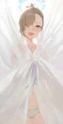 Rule 34 | 1girl, absurdres, asuna (blue archive), blue archive, blush, covering privates, covering breasts, curtains, hair over one eye, halo, highres, kji (rozo), light brown hair, looking at viewer, navel, open mouth, panties, ponytail, smile, solo, underwear, white background, white panties