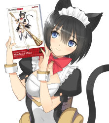 Rule 34 | 1girl, animal ears, black hair, blue eyes, bow, breasts, cat ears, cat tail, character name, closed mouth, commentary request, copyright name, dress, guilty princess, hair ornament, highres, holding, logo, maid, maid headdress, max factory, medium breasts, nendoroid, puffy short sleeves, puffy sleeves, short hair, short sleeves, simple background, smile, solo, tail, tony taka, upper body, white background, wrist cuffs