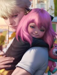 Rule 34 | 1boy, 1girl, anya (spy x family), blonde hair, blue eyes, blurry, blurry background, depth of field, green eyes, grin, highres, hug, lips, looking at another, looking at viewer, meme, pink hair, smile, spy x family, stanley lau, stuffed animal, stuffed toy, teddy bear, twilight (spy x family)