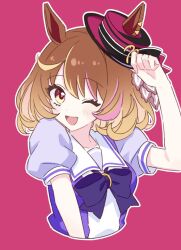 Rule 34 | 1girl, ;d, animal ears, boater hat, bow, bowtie, brown eyes, brown hair, commentary, ears through headwear, hat, highres, horse ears, horse girl, horseshoe ornament, looking at viewer, north flight (umamusume), one eye closed, open mouth, puffy short sleeves, puffy sleeves, purple background, purple bow, purple bowtie, purple serafuku, purple shirt, sailor collar, sailor shirt, school uniform, serafuku, shirt, short sleeves, simple background, smile, tracen school uniform, umamusume, yoshiko (mihomi 0135)