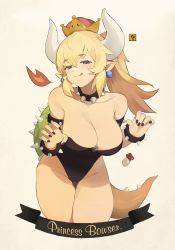 Rule 34 | 1girl, :3, :q, absurdres, armlet, bad id, bad pixiv id, bare shoulders, black eyes, black leotard, black nails, blonde hair, blush, bowsette, bracelet, breasts, character name, cleavage, collar, crown, earrings, fire, gem, highres, horns, jewelry, large breasts, leaning forward, leotard, long hair, looking at viewer, mario (series), mushroom, nail polish, new super mario bros. u deluxe, nintendo, pointy ears, ponytail, smug, solo, spiked bracelet, spiked collar, spikes, strapless, strapless leotard, super crown, tail, thighs, tongue, tongue out, turtle shell, uthy