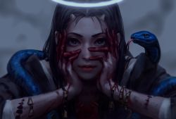 Rule 34 | 1girl, animal, arms up, black eyes, black hair, blood, blood on hands, blurry, blurry background, close-up, depth of field, forehead, glowing, guweiz, halo, hands on own cheeks, hands on own face, highres, horns, lips, long hair, looking at viewer, nose, original, parted lips, red lips, sleeves past elbows, snake, solo, tongue, tongue out, upper body