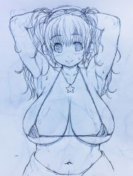 Rule 34 | 1girl, armpits, arms behind head, arms up, bikini, blush, breasts, headphones, highres, huge breasts, jewelry, looking at viewer, micro bikini, navel, necklace, nitroplus, plump, sketch, smile, solo, star (symbol), star necklace, super pochaco, swimsuit, traditional media, tsuji santa, wide hips