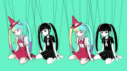 Rule 34 | 2girls, aegyo sal, aqua hair, black dress, black eyes, black hair, black sailor collar, blonde hair, blue gemstone, boots, bow, character doll, closed mouth, commentary request, dress, dual persona, fake meme (vocaloid), gem, glasses, gloves, gradient hair, hair between eyes, hand up, hat, hatsune miku, heart, highres, kneehighs, long hair, looking at viewer, multicolored hair, multiple girls, neck ruff, pink eyes, pink hair, pinocchio-p, pleated skirt, polar opposites, puppet strings, red bow, red footwear, red hat, red skirt, red suspenders, sailor collar, shirt, short sleeves, sidelocks, skirt, socks, string, suspenders, twintails, two-tone hair, vocaloid, whale ornament, white gloves, white shirt