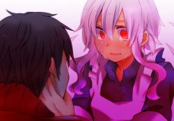 Rule 34 | 1boy, 1girl, aoi choko (aoichoco), black hair, hand on another&#039;s face, kagerou project, kisaragi shintarou, kozakura marry, looking at another, md5 mismatch, monaco0704, red eyes, scales, silver hair, spoilers, tears, vocaloid
