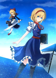 Rule 34 | 1girl, 60mai, alice margatroid, apron, bad id, bad pixiv id, blonde hair, blue eyes, book, bow, capelet, cloud, cross-laced footwear, doll, female focus, hair bow, hairband, long hair, open mouth, puffy sleeves, shanghai doll, short hair, short sleeves, sky, smile, solo, sword, touhou, weapon