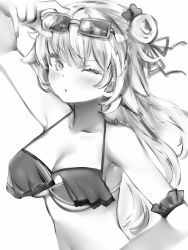 Rule 34 | 1girl, adjusting eyewear, akai haato, akai haato (hololive summer 2019), bikini, blush, breasts, greyscale, hair bun, hand up, highres, hololive, large breasts, long hair, looking at viewer, monochrome, nanashi (nlo), one eye closed, parted lips, simple background, single hair bun, solo, sunglasses, swimsuit, underboob, virtual youtuber, white background