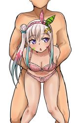 Rule 34 | 1boy, 1girl, airani iofifteen, bra, breasts, commission, demonomed, hair ribbon, highres, hololive, hololive indonesia, legs, legs up, nose, open mouth, painting (action), panties, pink bra, pink hair, pink panties, purple eyes, ribbon, side ponytail, standing, underwear, virtual youtuber, white background