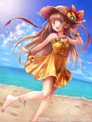 Rule 34 | 1girl, anklet, bare shoulders, barefoot, beach, blue eyes, brown hair, cloud, day, dress, hair ribbon, hat, jewelry, long hair, necklace, nishizawa, ocean, original, outdoors, ribbon, sky, smile, solo, straw hat, wrist cuffs