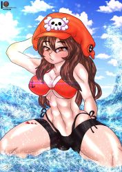 Rule 34 | abs, anchor symbol, bike shorts, bluewolfartista, blush, bra, breasts, brown eyes, brown hair, cameltoe, gluteal fold, guilty gear, highres, may (guilty gear), navel, tagme, underwear